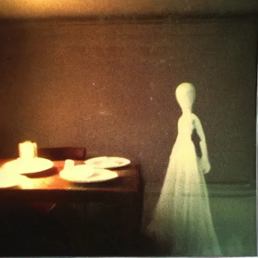 Image similar to coloured atmospheric polaroid photo of a realistic wraith figure in a interior of dining ro! dream coloured atmospheric polaroid photo of a with transparent ghostly banshee corpse body floating in old living room interior - n 9 om low light atmospheric