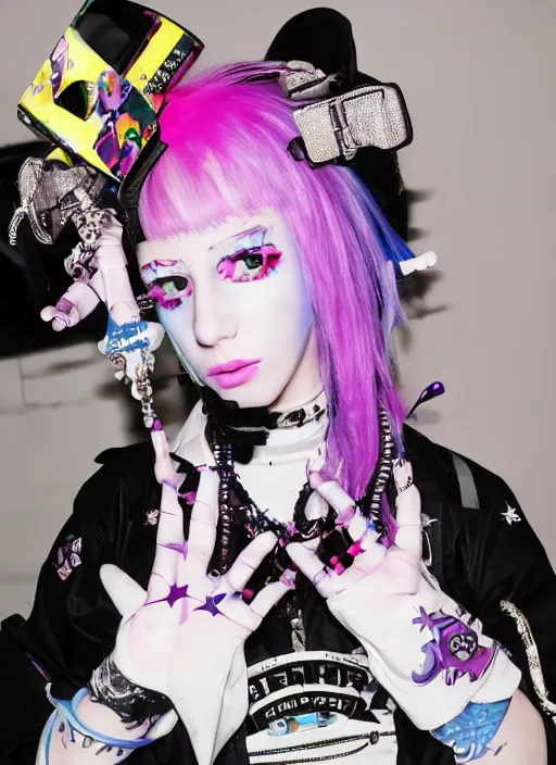 Image similar to pastel cute cybergoth military fashion, decora royal jester bladee