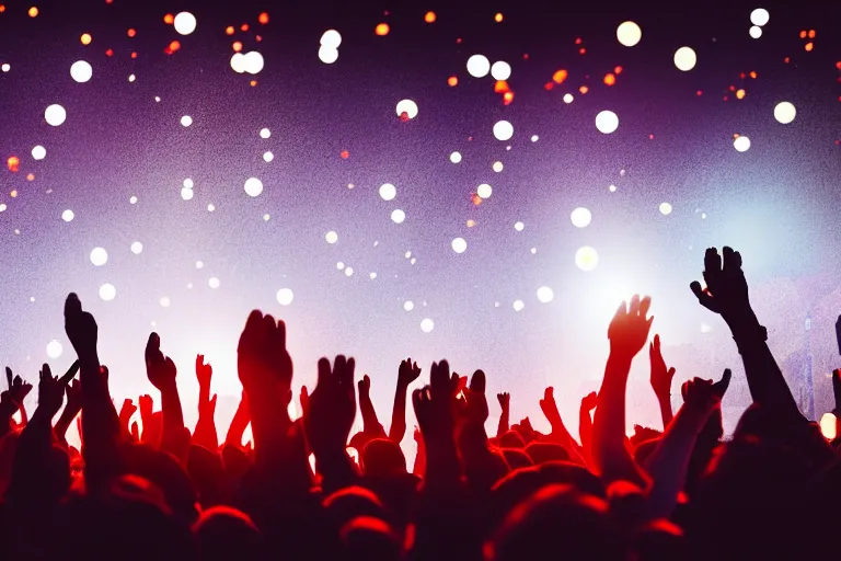 Prompt: crowd partying with their hands up and lighters in the air at a festival, silhouette, digital art, trending on artstation, 4k, unreal engine, intricate, ornate