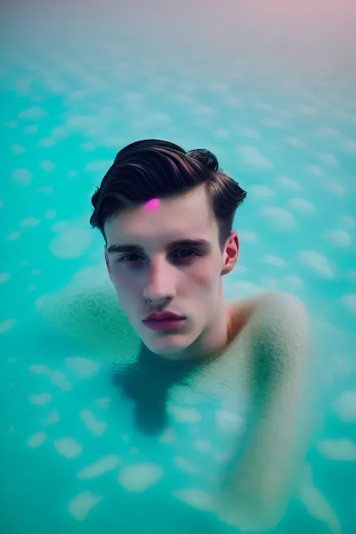 Image similar to high quality pastel coloured film mid angle docu photograph of a beautiful young 2 0 year old male, soft features, short black hair, floating in an icelandic black rock pool environment. atmospheric. three point light. photographic. art directed. ( pastel colours ). volumetric light. clearcoat. waves glitch. 8 k. filmic.