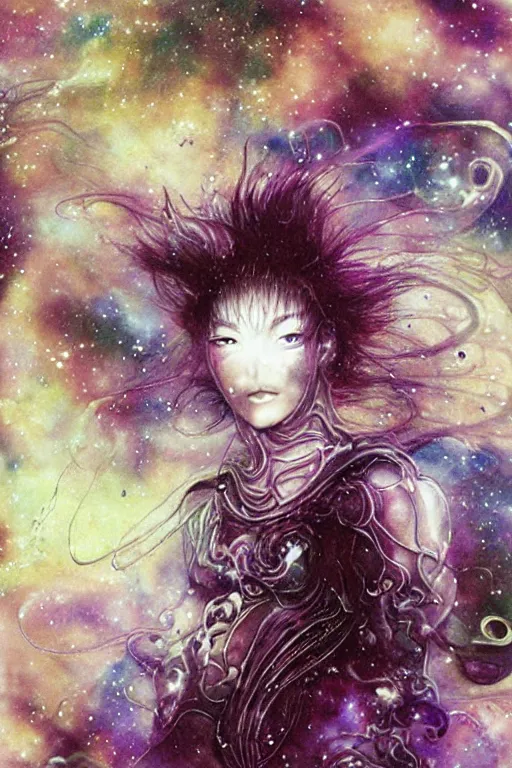 Prompt: yoshitaka amano, ethereal being woman in galaxy