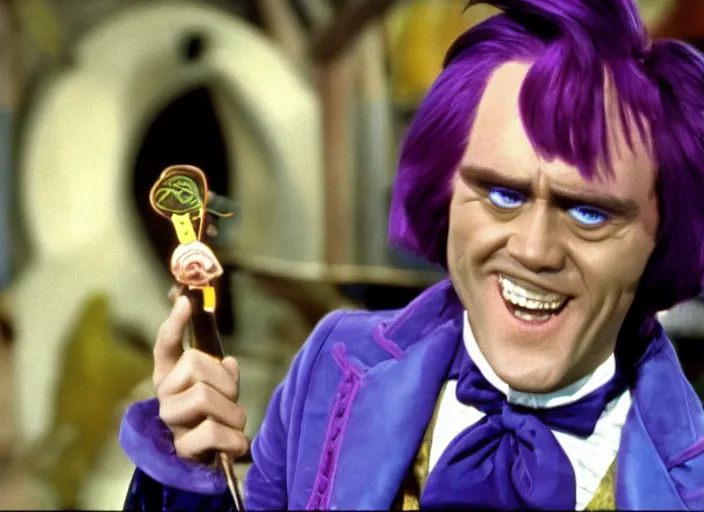 Image similar to film still of Jim Carrey as Willy Wonka in Willy Wonka and the Chocolate Factory 1971