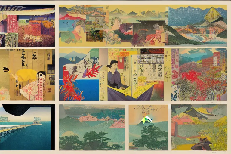 Image similar to award winning graphic design poster, photocollage art depicting a variety of japan travel, beauty, tastes, crafts and more, photocollage painting by National Geographic, Hannah Hoch and David Hockney