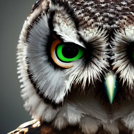 Image similar to closeup photo an owl, intricate detail, volumetric lighting, epic composition, hyper detailed, ultra realistic, sharp focus, octane render, ray tracing,, sense of awe, swirling mist