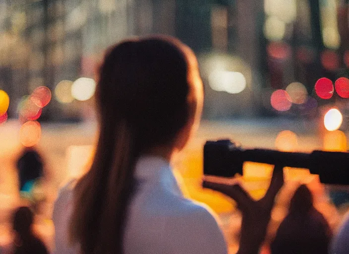 Prompt: a 3 5 mm photo from the back of a woman watching a parade, splash art, movie still, bokeh, canon 5 0 mm, cinematic lighting, dramatic, film, photography, golden hour, depth of field, award - winning, anamorphic lens flare, 8 k, hyper detailed, 3 5 mm film grain