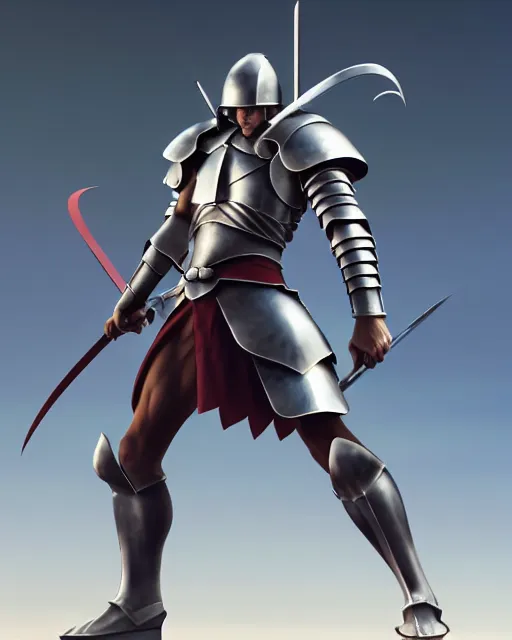 Image similar to strong muscular warrior with a greatsword and fully clad in plate armor, dramatic action pose, square masculine jaw, short messy hair, 3 d octane render, unreal engine 5, ultra high detail, cel shaded, trending on pixiv fanbox, by greg rutkowski makoto shinkai takashi takeuchi studio ghibli, akihiko yoshida