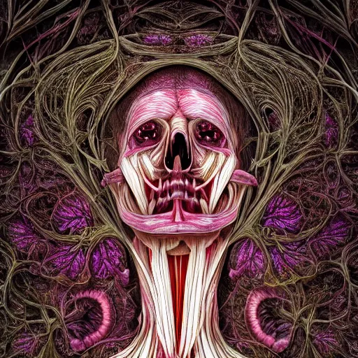 Prompt: a beautiful detailed photo of a rotten woman corpse slash in a half morphing into fractal plants and fractal flowers and mushrooms, muscles, veins, anatomical, intricate, ornate, volumetric light, beautiful lit, romero ressendi