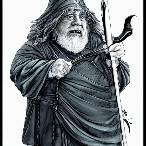 Image similar to danny devito as gandalf the white, lord of the rings, full body, high quality, wide angle, illustration, digital art