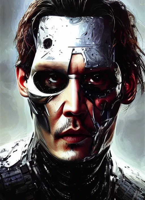 Image similar to johnny depp as victor stone, full body concept, cyborg, borg, strogg, face of a man, terminator, flesh, quake strogg, doom demon, wolfenstein, monstrous, powerful, symmetry, symmetrical, concept art by ruan jia and greg rutkowski