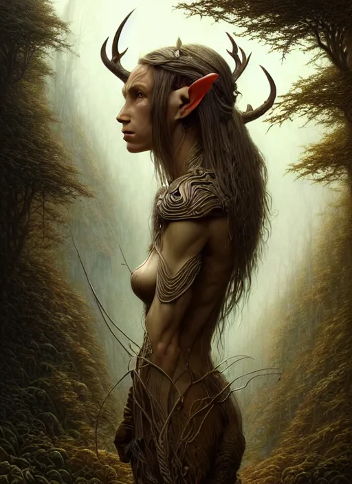 Image similar to portrait shot of forest elf in a scenic dystopian environment, intricate, elegant, highly detailed, centered, digital painting, artstation, concept art, smooth, sharp focus, illustration, artgerm, tomasz alen kopera, peter mohrbacher, donato giancola, joseph christian leyendecker, wlop, boris vallejo