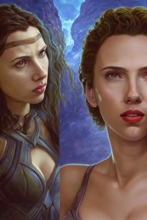 Image similar to A fantasy comic book style Oil Painting portrait of Scarlett Johansson and Gal Gadot, as Atlantean Reptilian Warriors, Mystical Valkyrie, unreal 5, DAZ, hyperrealistic, octane render, Regal, Refined, Detailed Digital Art, RPG portrait, William-Adolphe Bouguereau, Michael Cheval, Walt Disney (1937), François Boucher, Steampunk, Josephine wall, dynamic lighting, Highly Detailed, Cinematic Lighting, Unreal Engine, 8k, HD