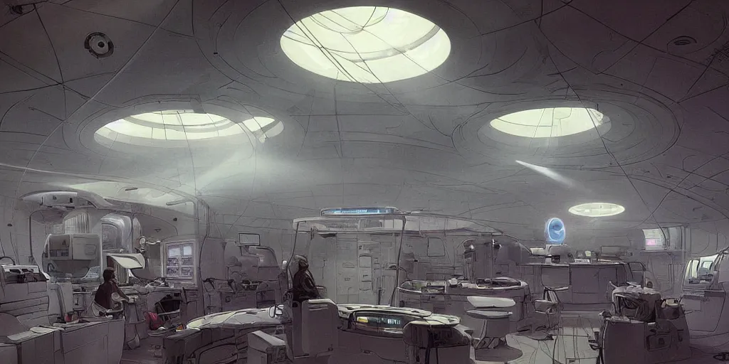 Image similar to circular spaceship medic room laboratory , humans working, thick mist, low ceiling, cables hanging from ceiling, thick cables on ground, god rays of light, huge computer screens, neons, saturated top light , epic scene, scifi, illustration, art by Juan Giménez and moebius