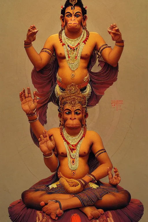 Prompt: a full body portrait of a beautiful ornated hanuman god, arms pointing up!!!, meditative sacral pose, hindu stages of meditation, intricate, elegant, highly detailed, digital painting, artstation, concept art, smooth, sharp focus, illustration, art by krenz cushart and artem demura and alphonse mucha