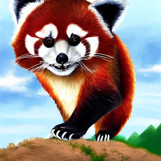Prompt: digital art of adventurous red panda wearing a baseball cap climbing a mountain