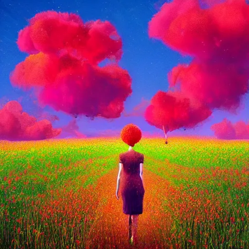 Image similar to giant red flower afro, full body, girl walking in the middle of a field with flowers, surreal photography, hills, sunrise dramatic light, impressionist painting, colorful clouds, digital painting, pointillism, artstation, simon stalenhag