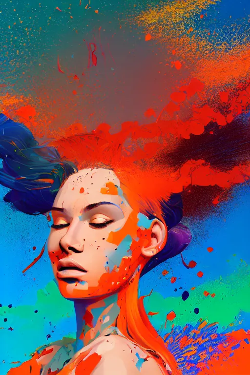 Image similar to a award winning half body portrait of a beautiful woman in a croptop and cargo pants with ombre orange blue teal hairstyle with head in motion and hair flying, paint splashes, splatter, outrun, vaporware, shaded flat illustration, digital art, trending on artstation, highly detailed, fine detail, intricate