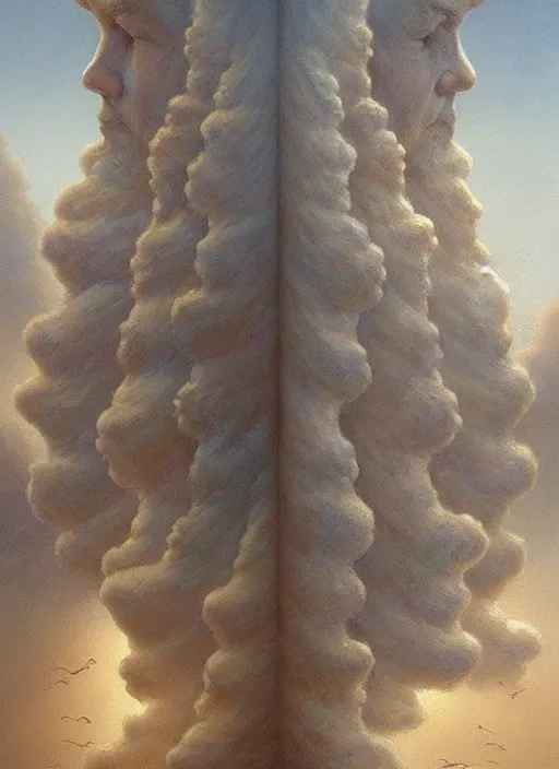 Image similar to faces of old indigenous people made of clouds in the sky, ancestors, protection, benevolence, art by christophe vacher