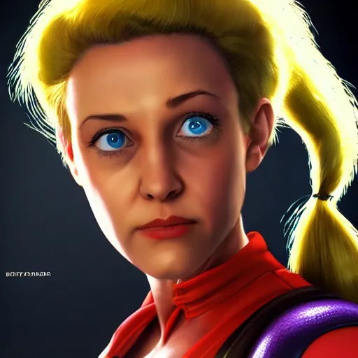 Image similar to kristen schaal as cammy street fighter, long blonde pigtails, ultra realistic, concept art, intricate details, highly detailed, photorealistic, octane render, 8 k, unreal engine, art by frank frazetta, simon bisley, brom