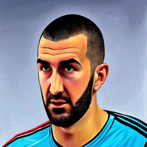 Image similar to A realistic hyperdetailed wide-shot digital oil portrait painting of an benzema in the style of quentin tarantino