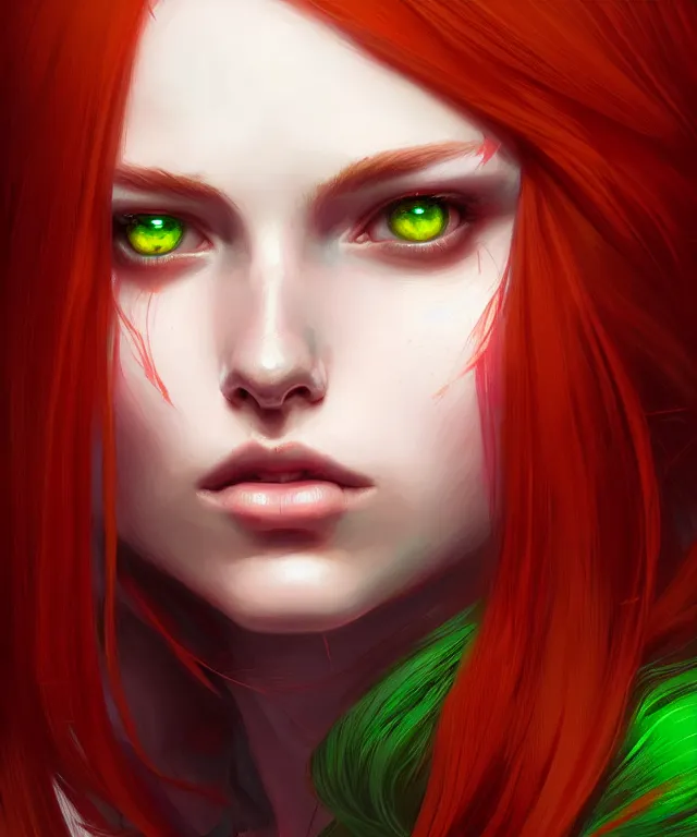 Image similar to Fae teenage girl, portrait, face, long red hair, green highlights, fantasy, intricate, elegant, highly detailed, digital painting, artstation, concept art, smooth, sharp focus, illustration, art by artgerm and greg rutkowski