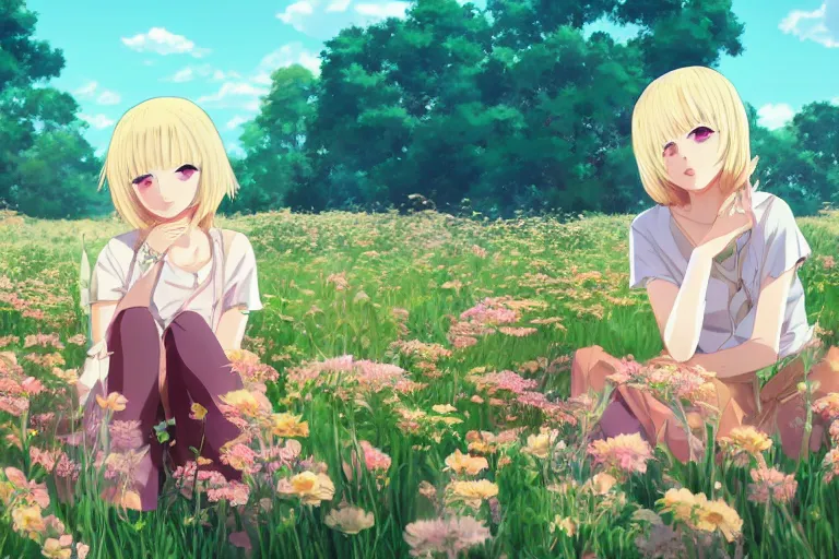 Prompt: beautiful anime transgender blonde girl sitting in a field full of flowers, highly detailed, realistic, dynamic lighting, cinematic, masterpiece, trending on artstation, in the style of studio Ghibli
