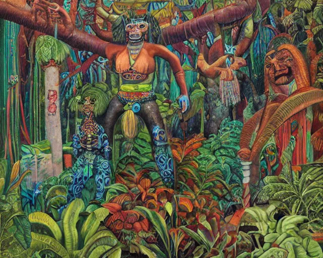 Image similar to surreal colorful nightmarish garden las pozas, mayan jaguar warrior, artwork by ralph bakshi and diego rivera