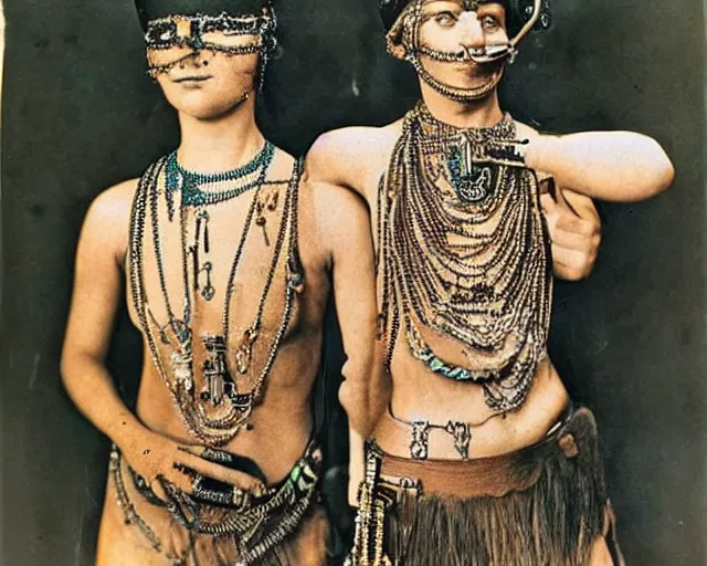 Prompt: 1 9 2 0 s colorized photographs of the lost tribes of del shoob and their amazing ornate jewelry and cyborg - like body modifications