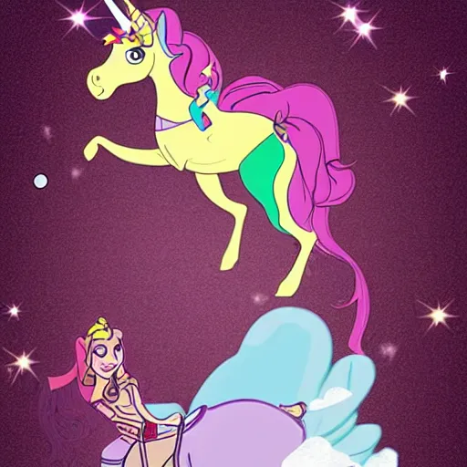 Image similar to a princess from a cartoon riding a unicorn