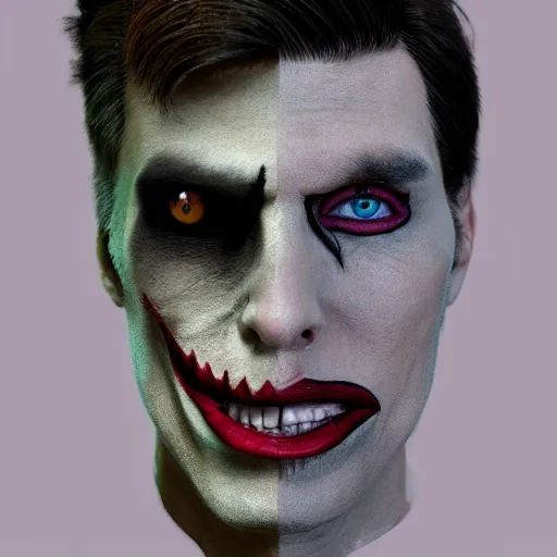 Image similar to Jerma in real life with joker makeup, realistic, very realistic, hyperrealistic, highly detailed, very detailed, extremely detailed, detailed, digital art, oil painting, trending on artstation, headshot and bodyshot, detailed face, very detailed face, extremely detailed face, HD Quality, 8k resolution