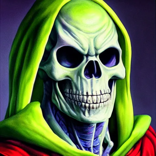 Image similar to ultra realistic portrait painting of skeletor as piccolo, art by akira toriyama, 4 k, ultra realistic, highly detailed, epic lighting