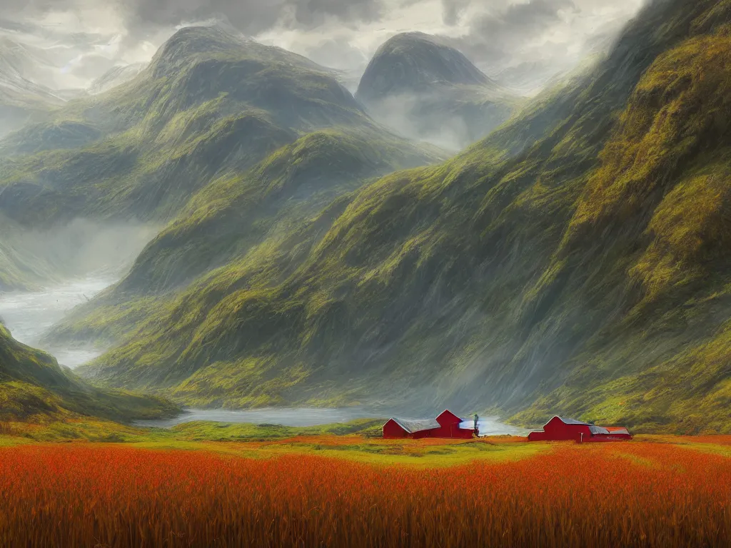 Prompt: Intricate detailed lush fjord with a single isolated red barn next to a wheat crop at noon. Wide angle shot, Artstation, art by Eddie Mendoza