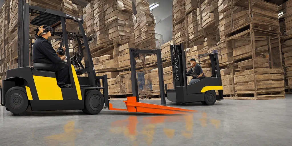 Prompt: forklift operator with a vr headset breaking a wall