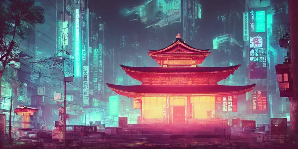 Image similar to “an ancient Japanese temple, shrouded in a cyberpunk city, during a rainy night, 4k, cinematic, pink and aqua neon lights, dark, hyperrealistic, trending of art station”