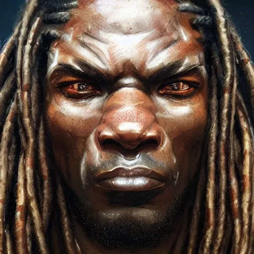 Image similar to A frontal head portrait of The Predator with dreadlocks, by dreadjim, Greg Rutkowski, james gurney, epic scifi character art, Exquisite detail, post-processing, low angle view, masterpiece, cinematic