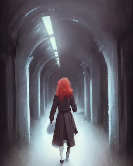 Prompt: A ultradetailed beautiful portrait painting of a mysterious redhaired woman in a trenchcoat walking towards me in a dark alley at night by tom bagshaw concept art, trending on deviantart, illustration, film noire.