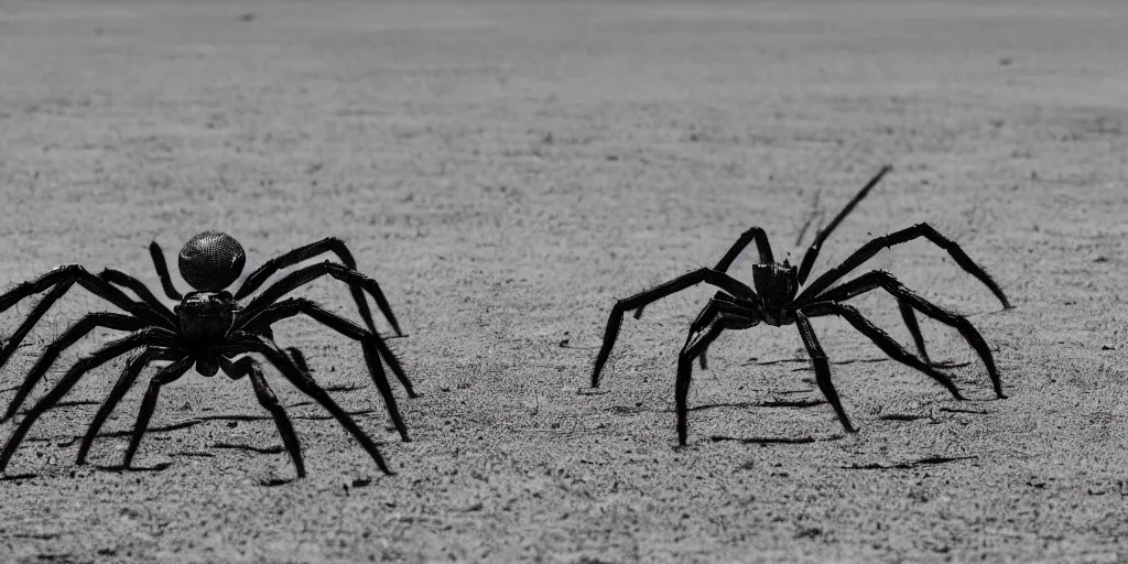 Image similar to giant spider alien chasing a group of soldiers like the film stargate on a desert world, telephoto shot, mid day, heat shimmering.