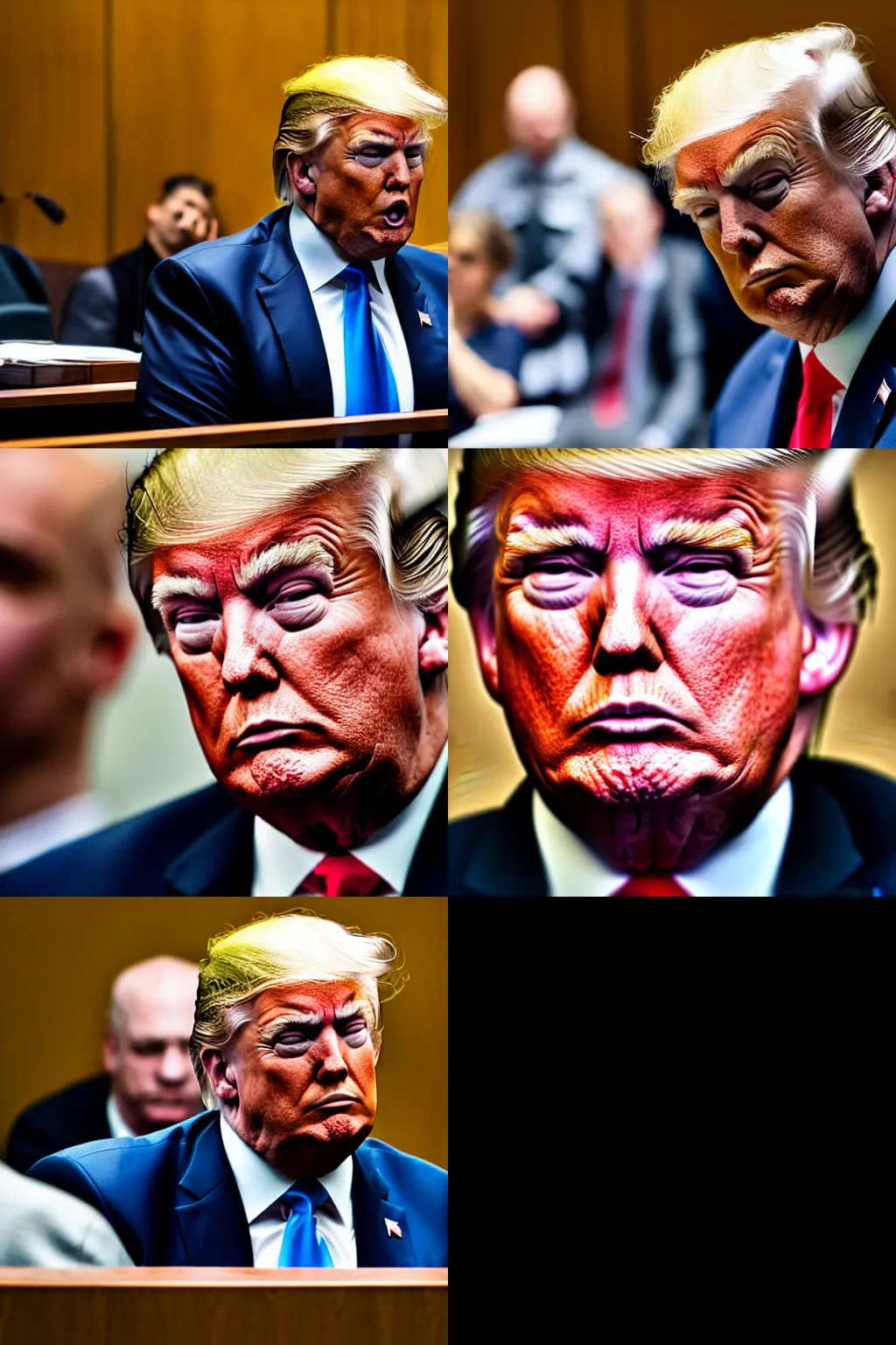 Prompt: Donald Trump crying in a courtroom, XF IQ4, f/1.4, ISO 200, 1/160s, 8K, RAW, unedited, symmetrical balance, in-frame