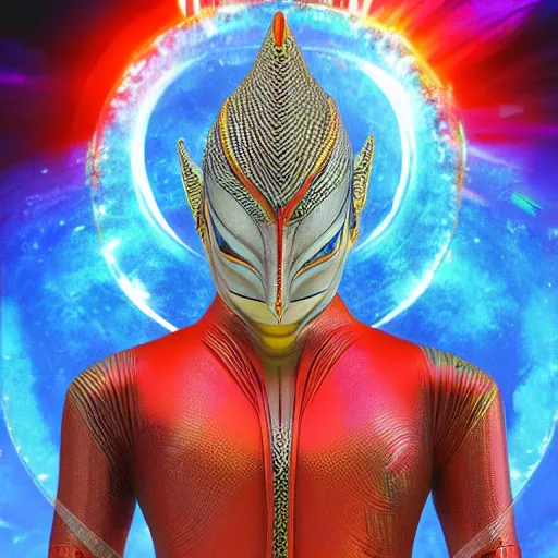 Image similar to new ultraman design called bodhisatva, photorealistic with poster