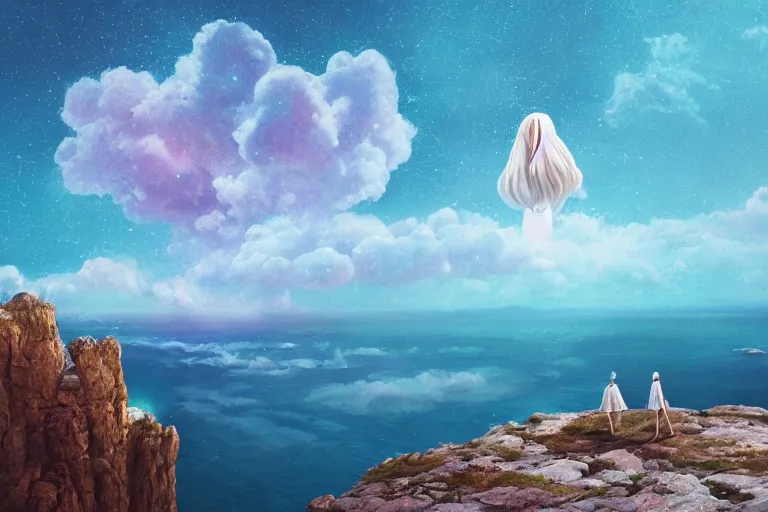 Image similar to giant white daisy flower over head, girl standing on rocky cliff, surreal photography, super nova, milky way, dramatic light, impressionist painting, colorful clouds, digital painting, artstation, simon stalenhag