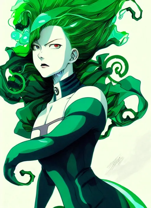 Image similar to style artgerm, joshua middleton, tatsumaki one punch man with green dress, very long blue hair, swirling water swirling, symmetrical face, symmetrical eyes, steampunk cyberpunk,, cinematic lighting