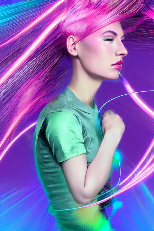 Image similar to a award winning half body portrait of a beautiful woman in a croptop and cargo pants with ombre purple pink teal hairstyle with head in motion and hair flying, surrounded by whirling illuminated lines, outrun, vaporware, shaded flat illustration, digital art, trending on artstation, highly detailed, fine detail, intricate