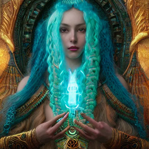 Image similar to octane render, artstation, 8 k, intricate detail, hyper detail, portrait by gaston bussiere, greg rutkowski, sandro botticelli, tan lady of elche egyptian sumerian techno mystic goddess princess intergalactica inanna with aqua neon rapunzel dreadlocks,