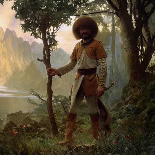 Image similar to an ultra detailed matte painting of bob ross dressed as a wandering elf druid, silver hawk animal companion, d & d, fantasy concept art by alphonse mucha and greg rutkowski, octane render, 8 k, detailed face