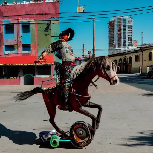 Image similar to A Mexican charro in a cyberpunk city riding a flying skateboard