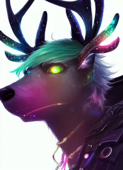 Image similar to award winning beautiful portrait commission of a male furry anthro Black Reindeer cyberpunk fursona with a tail, wings, wings, wings and a cute beautiful attractive detailed furry face wearing stylish black and rainbow galaxy clothes, outline, in a cyberpunk city at night while it rains. Character design by charlie bowater, ross tran, artgerm, and makoto shinkai, detailed, inked, western comic book art