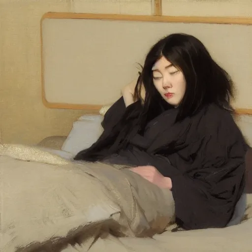 Prompt: girl with flowing dark hsir, in kimono, frontview, sitting on edge of bed, big chest by jeremy lipking, tim rees, joseph todorovitch