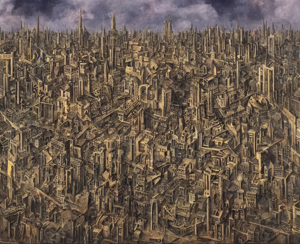 Image similar to a city of archologies in the style of Dystopian gothic surrealism painting