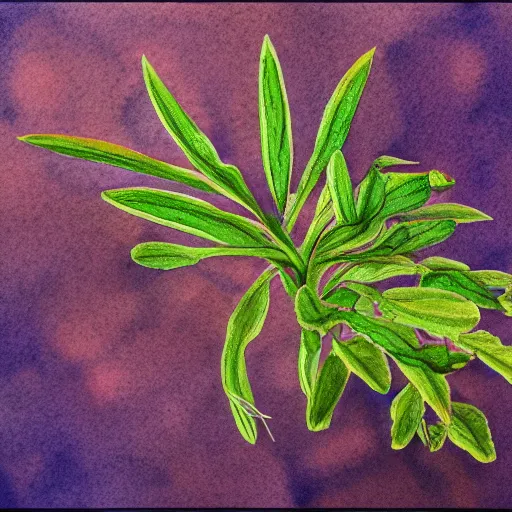 Image similar to scientific illustration of an alien plant brought back from venus showing tuber, leaves, and flowering stalk. 8k resolution ultra-detailed. watercolor painting