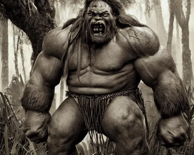 Image similar to hyper realistic group vintage photograph of a live action warcraft orc warrior tribe in the jungle, tall, hulk like physique, detailed faces, tribal paint, tribal armor, grain, old, monochrome, sepia toned, realistic lighting, wide angle