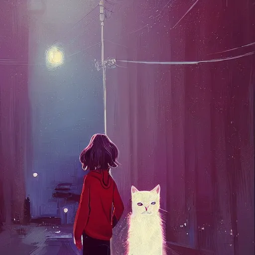 Image similar to a teenage girl and a teenage boy and a cat, art by Alena Aenami